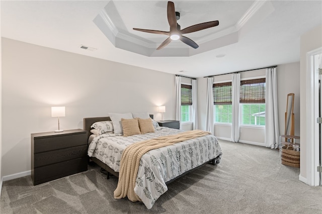 3035 Brookstone Dr, Cecil, PA 15317 - bedroom featuring a raised ceiling, crown molding, carpet, baseboards, and ceiling fan