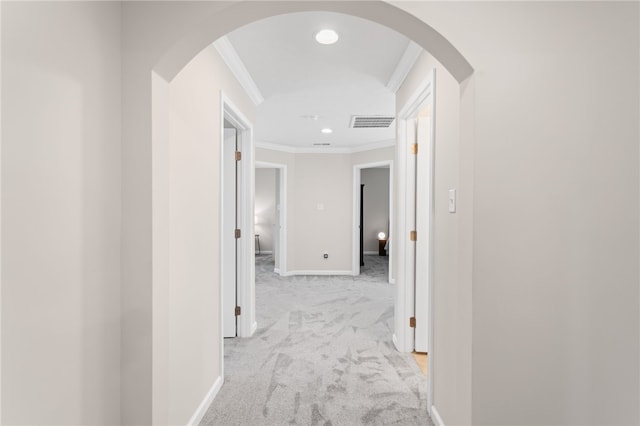 3035 Brookstone Dr, Cecil, PA 15317 - hall featuring arched walkways, crown molding, light carpet, recessed lighting, and baseboards