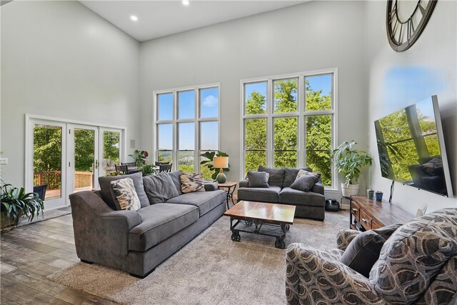 235 Valley Circle Dr, Speers Boro, PA 15022 - living room with a high ceiling, french doors, recessed lighting, and wood-type flooring