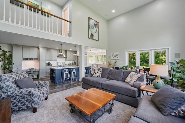 235 Valley Circle Dr, Speers Boro, PA 15022 - living area featuring a towering ceiling, recessed lighting, and dark wood-style floors