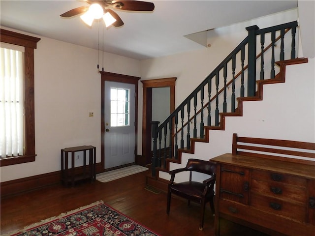 309 Mooney Ridge Rd, Waynsbrg/Frankln Twp, PA 15370 - foyer entrance with stairway, wood finished floors, a ceiling fan, and baseboards