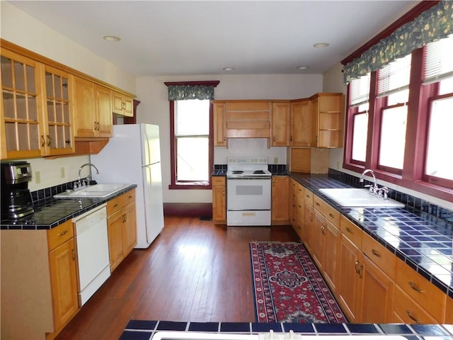 309 Mooney Ridge Rd, Waynsbrg/Frankln Twp, PA 15370 - kitchen with white appliances, a sink, tile counters, open shelves, and plenty of natural light
