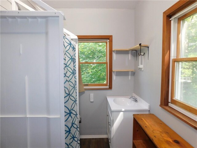 309 Mooney Ridge Rd, Waynsbrg/Frankln Twp, PA 15370 - bathroom featuring vanity, a shower with curtain, baseboards, and wood finished floors