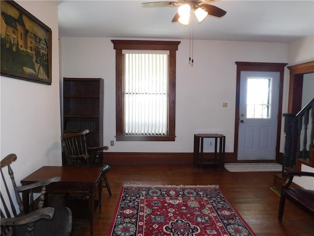 309 Mooney Ridge Rd, Waynsbrg/Frankln Twp, PA 15370 - entrance foyer featuring a ceiling fan, wood finished floors, stairs, and baseboards