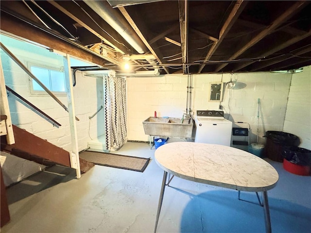 4404 Hollow Rd, Shenango Twp Law, PA 16101 - below grade area with washer / dryer, a sink, and electric panel