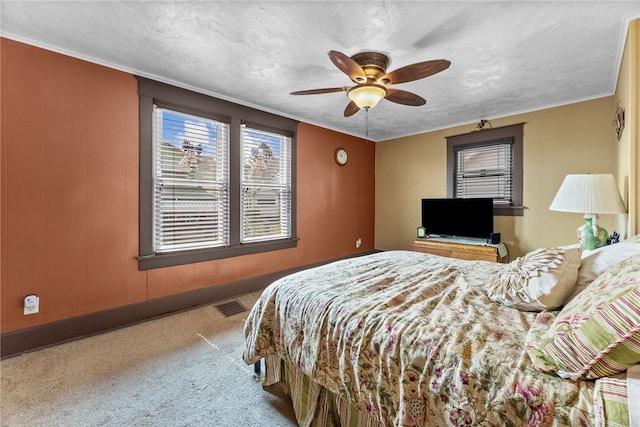 800 Romine Ave, Port Vue, PA 15133 - bedroom featuring carpet flooring, ornamental molding, a textured ceiling, and a ceiling fan
