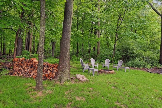 1703 Barry Dr, North Huntingdon, PA 15642 - view of grassy yard featuring an outdoor fire pit and a forest view