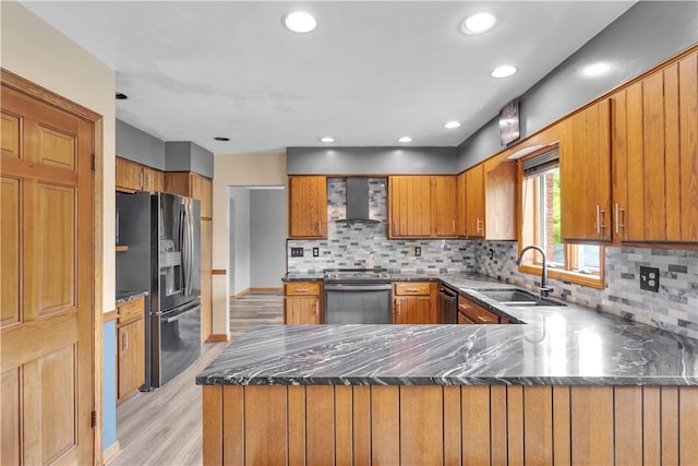 206 Brook Hollow Rd, Pa, PA 15666 - kitchen with refrigerator with ice dispenser, stainless steel range oven, wall chimney exhaust hood, a sink, and a peninsula