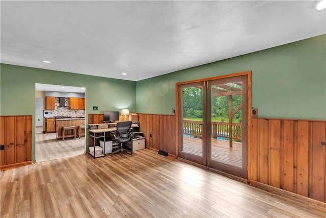 206 Brook Hollow Rd, Pa, PA 15666 - office area with french doors, a wainscoted wall, wood walls, light wood-type flooring, and recessed lighting