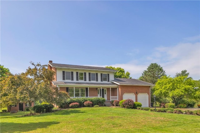 206 Brook Hollow Rd, Pa, PA 15666 - traditional-style house featuring a garage, covered porch, a front yard, a chimney, and brick siding