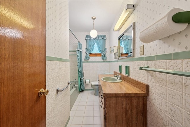 1341 Foxboro Dr, Monroeville, PA 15146 - full bath with vanity, shower / bathtub combination with curtain, tile patterned floors, wallpapered walls, and toilet