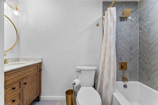 2406 Rolling Farms Rd, Shaler, PA 15116 - bathroom with vanity, toilet, baseboards, and shower / bathtub combination with curtain