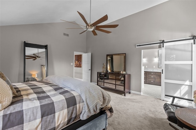 809 Timber Trl, Collier Twp, PA 15071 - bedroom featuring a barn door, carpet flooring, high vaulted ceiling, a ceiling fan, and ensuite bathroom