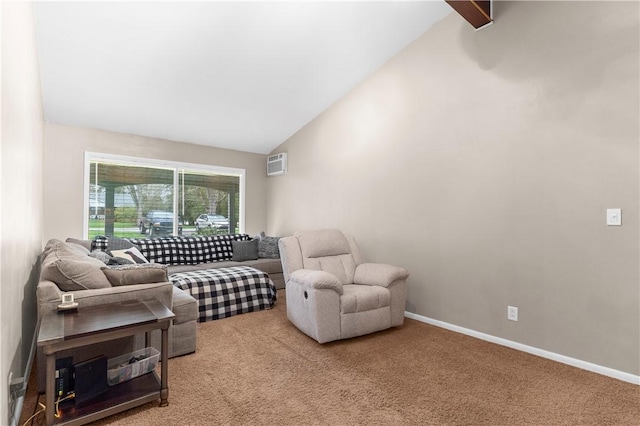 507 Moss Ln, Pymatuning Twp, PA 16125 - living area featuring carpet flooring, a wall mounted AC, baseboards, and high vaulted ceiling