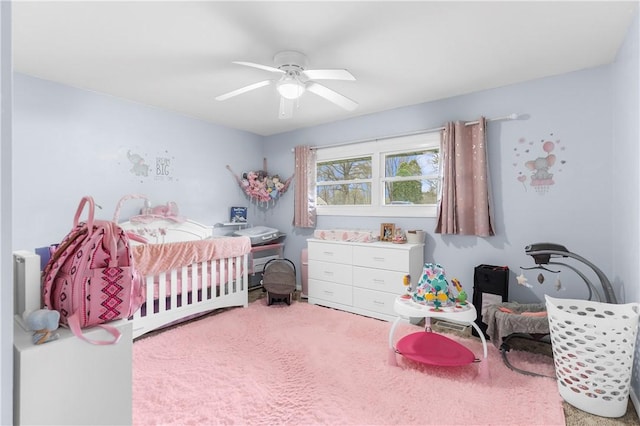 507 Moss Ln, Pymatuning Twp, PA 16125 - bedroom with carpet flooring, ceiling fan, and a nursery area