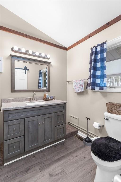 507 Moss Ln, Pymatuning Twp, PA 16125 - bathroom featuring lofted ceiling, vanity, wood finished floors, toilet, and crown molding