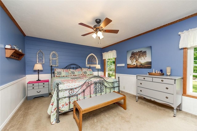 214 Fullingmill Rd, Jefferson Twp Mer, PA 16137 - carpeted bedroom with wainscoting, ornamental molding, and ceiling fan