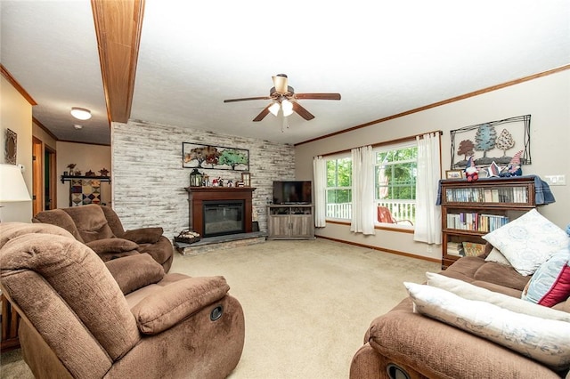 214 Fullingmill Rd, Jefferson Twp Mer, PA 16137 - carpeted living area featuring ceiling fan, crown molding, a fireplace, and baseboards
