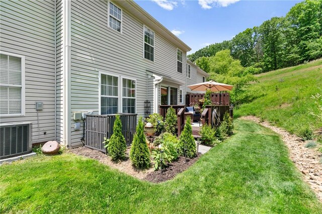 675 Village Green Blvd E, Adams Twp, PA 16046 - rear view of property with central AC unit, a deck, and a yard
