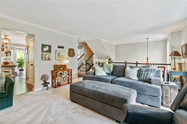 675 Village Green Blvd E, Adams Twp, PA 16046 - living area featuring a chandelier, ornamental molding, carpet floors, baseboards, and stairway