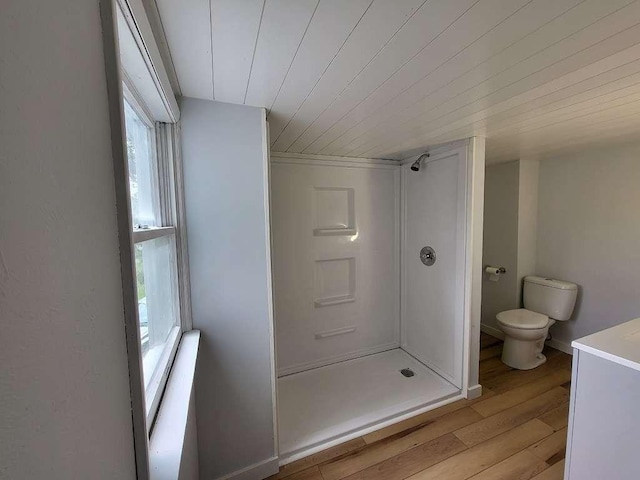 74 S Morgantown St, Fairchance, PA 15436 - bathroom with a stall shower, wood finished floors, toilet, wooden ceiling, and vanity