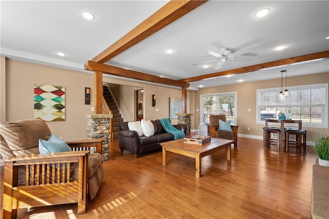 1299 Oakridge Rd, South Fayette, PA 15057 - living room featuring beam ceiling, recessed lighting, plenty of natural light, light wood-style flooring, and a ceiling fan