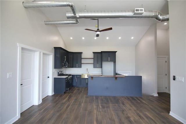 2040 Constitution Blvd, Elizabeth Twp/Boro, PA 15135 - kitchen featuring stainless steel appliances, high vaulted ceiling, ceiling fan, dark wood-type flooring, and a sink