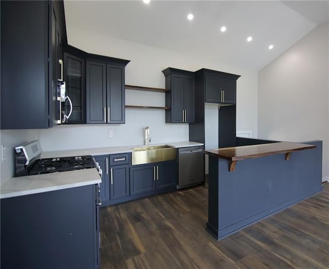 2040 Constitution Blvd, Elizabeth Twp/Boro, PA 15135 - kitchen with a sink, appliances with stainless steel finishes, open shelves, vaulted ceiling, and dark wood-style flooring