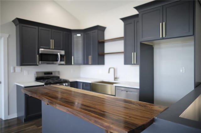2040 Constitution Blvd, Elizabeth Twp/Boro, PA 15135 - kitchen featuring appliances with stainless steel finishes, wood counters, a sink, open shelves, and dark wood-type flooring