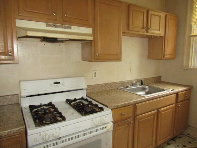 1220 Thelma St, Marshall Shadeland, PA 15212 - kitchen with gas range gas stove, under cabinet range hood, a sink, light countertops, and brown cabinetry