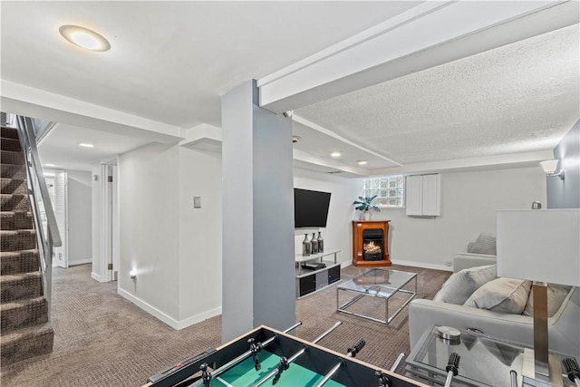 503 6th St, Oakmont, PA 15139 - rec room with baseboards, carpet flooring, a warm lit fireplace, recessed lighting, and a textured ceiling