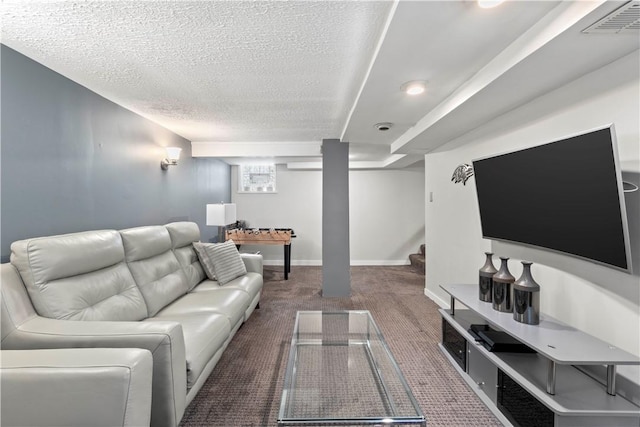 503 6th St, Oakmont, PA 15139 - carpeted living room with a textured ceiling, stairs, and baseboards