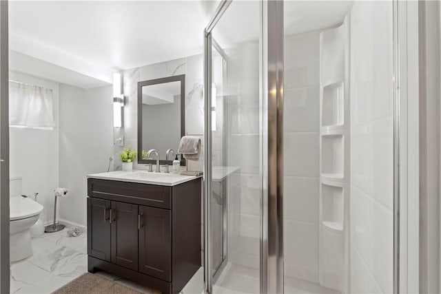 503 6th St, Oakmont, PA 15139 - bathroom with vanity, a shower stall, marble finish floors, and toilet