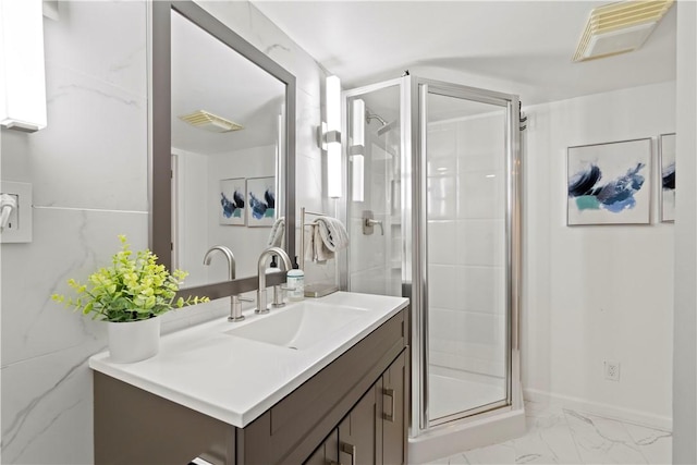 503 6th St, Oakmont, PA 15139 - bathroom with vanity, a stall shower, marble look tiles, and baseboards