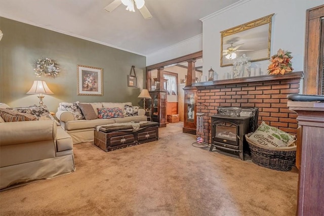 306 Meadow Ave, Charleroi Boro, PA 15022 - carpeted living area featuring a ceiling fan, crown molding, and a wood stove