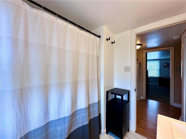 104 Kenneth Ave, Neshannock Twp, PA 16105 - full bathroom featuring wood finished floors, a shower with shower curtain, and vanity