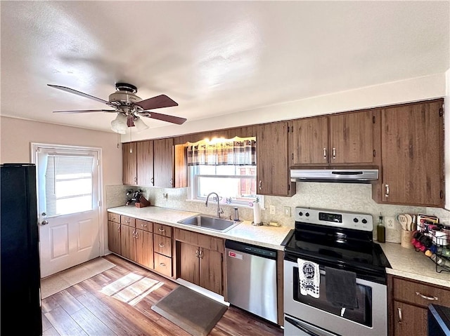 104 Kenneth Ave, Neshannock Twp, PA 16105 - kitchen with stainless steel appliances, under cabinet range hood, a sink, and plenty of natural light