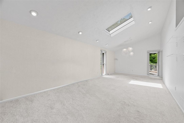1648 Little Meadow Rd, Upper St Clair, PA 15241 - carpeted empty room featuring vaulted ceiling, a skylight, recessed lighting, baseboards, and a chandelier