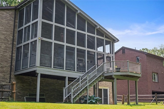 1648 Little Meadow Rd, Upper St Clair, PA 15241 - back of property with a sunroom, brick siding, a deck, and stairs