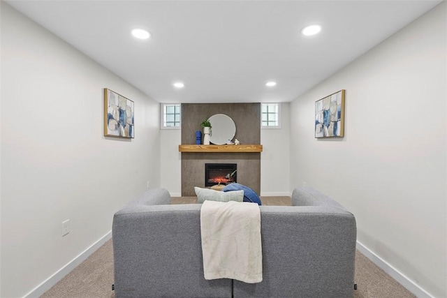 507 Edgehill Dr, Richland, PA 15044 - carpeted living area with recessed lighting, a large fireplace, and baseboards