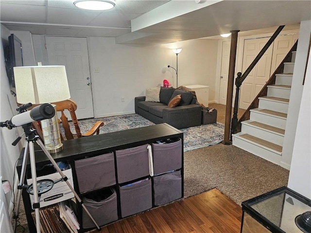 1099 Vine St, Coraopolis, PA 15108 - living room with stairway, baseboards, and wood finished floors