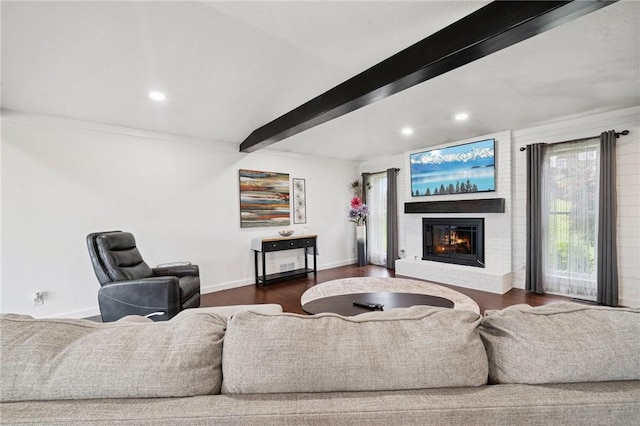 155 Pride Dr, Rostraver, PA 15012 - living room with beam ceiling, a brick fireplace, dark wood-style floors, and recessed lighting