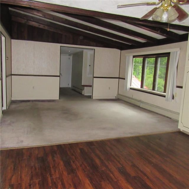 313 Dalton Run Rd, Conemaugh Twp Som, PA 15905 - empty room with a baseboard heating unit, ceiling fan, wood finished floors, and a baseboard radiator