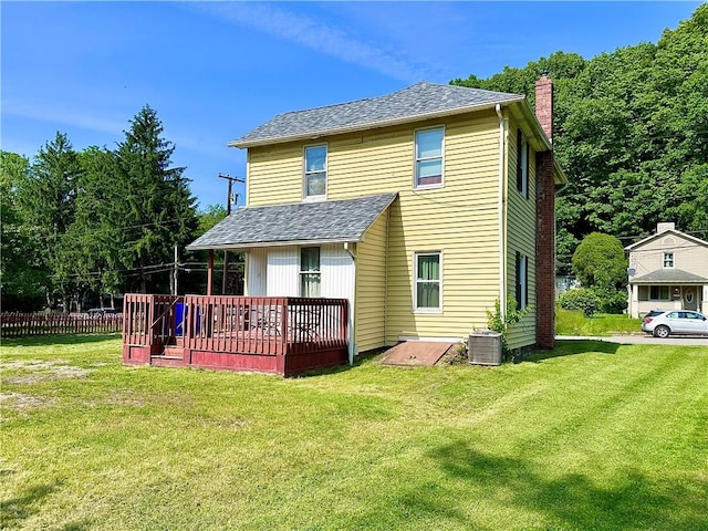 1910 Hamilton St, New Castle/1St, PA 16101 - rear view of property featuring a chimney, a deck, roof with shingles, and central air condition unit