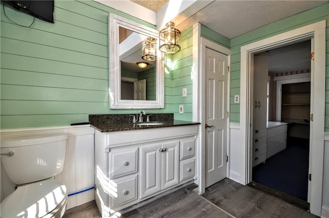232 Center Ave, Elizabeth Twp/Boro, PA 15037 - bathroom featuring toilet, vanity, wood finished floors, and wooden walls