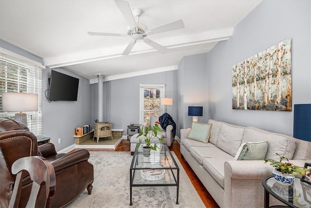 109 Parkview Rd, Ross Twp, PA 15237 - living area with a wood stove, ceiling fan, wood finished floors, and baseboards