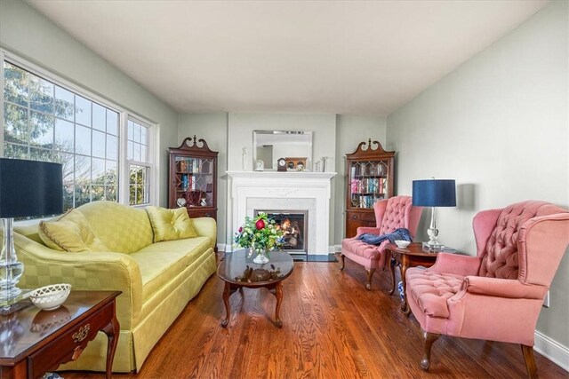 109 Parkview Rd, Ross Twp, PA 15237 - living room with wood finished floors, a warm lit fireplace, and baseboards