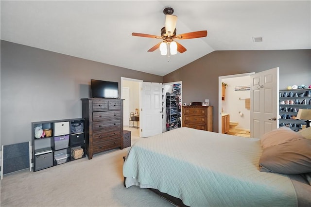 923 Arberdeen Dr, Hempfield Twp Wml, PA 15601 - bedroom with ensuite bath, lofted ceiling, light carpet, a spacious closet, and ceiling fan