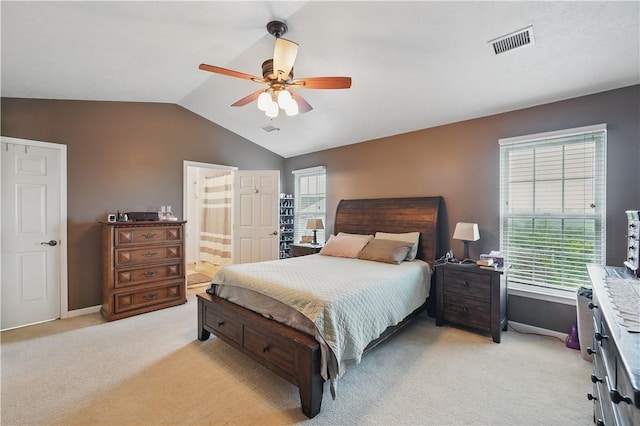 923 Arberdeen Dr, Hempfield Twp Wml, PA 15601 - bedroom featuring light colored carpet, lofted ceiling, ceiling fan, connected bathroom, and baseboards
