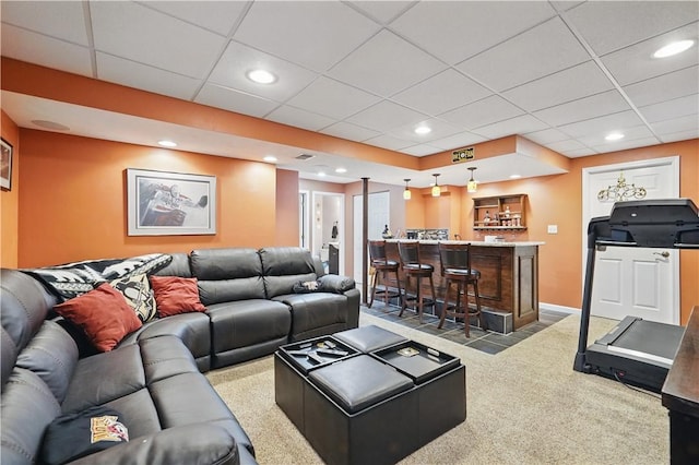 923 Arberdeen Dr, Hempfield Twp Wml, PA 15601 - carpeted living room featuring wet bar, a paneled ceiling, and recessed lighting